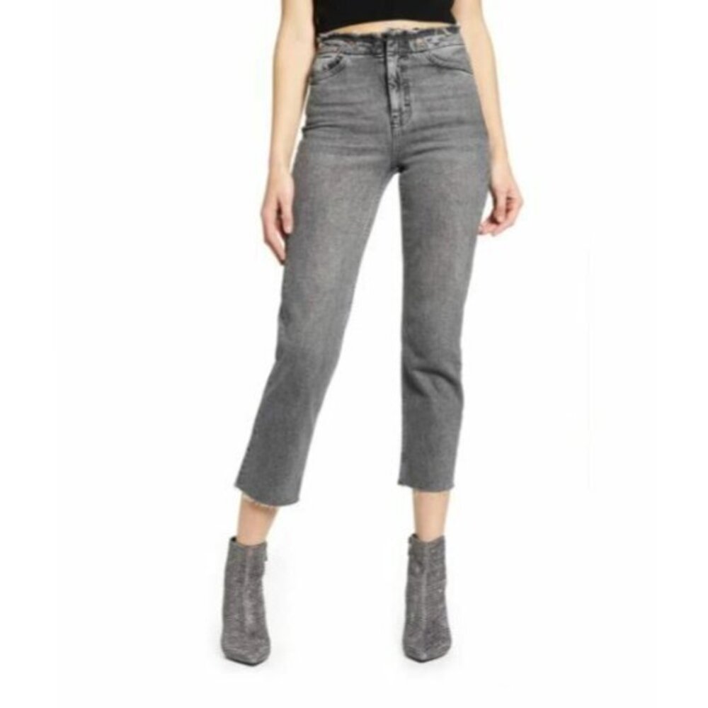 TOPSHOP Grey Jeans High Rise Raw Waist Crop Straight Leg Raw Hem SZ 30 NEW